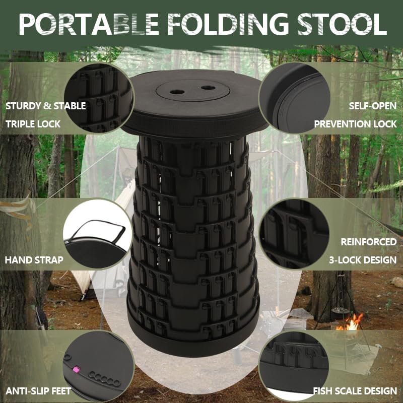 Upgraded Collapsible Stool Chair, Folding Stool, Lightweight, Sturdy, Adjustable, Portable, Foldable Seat Stools for Outdoor Camping Fishing Hiking BBQ