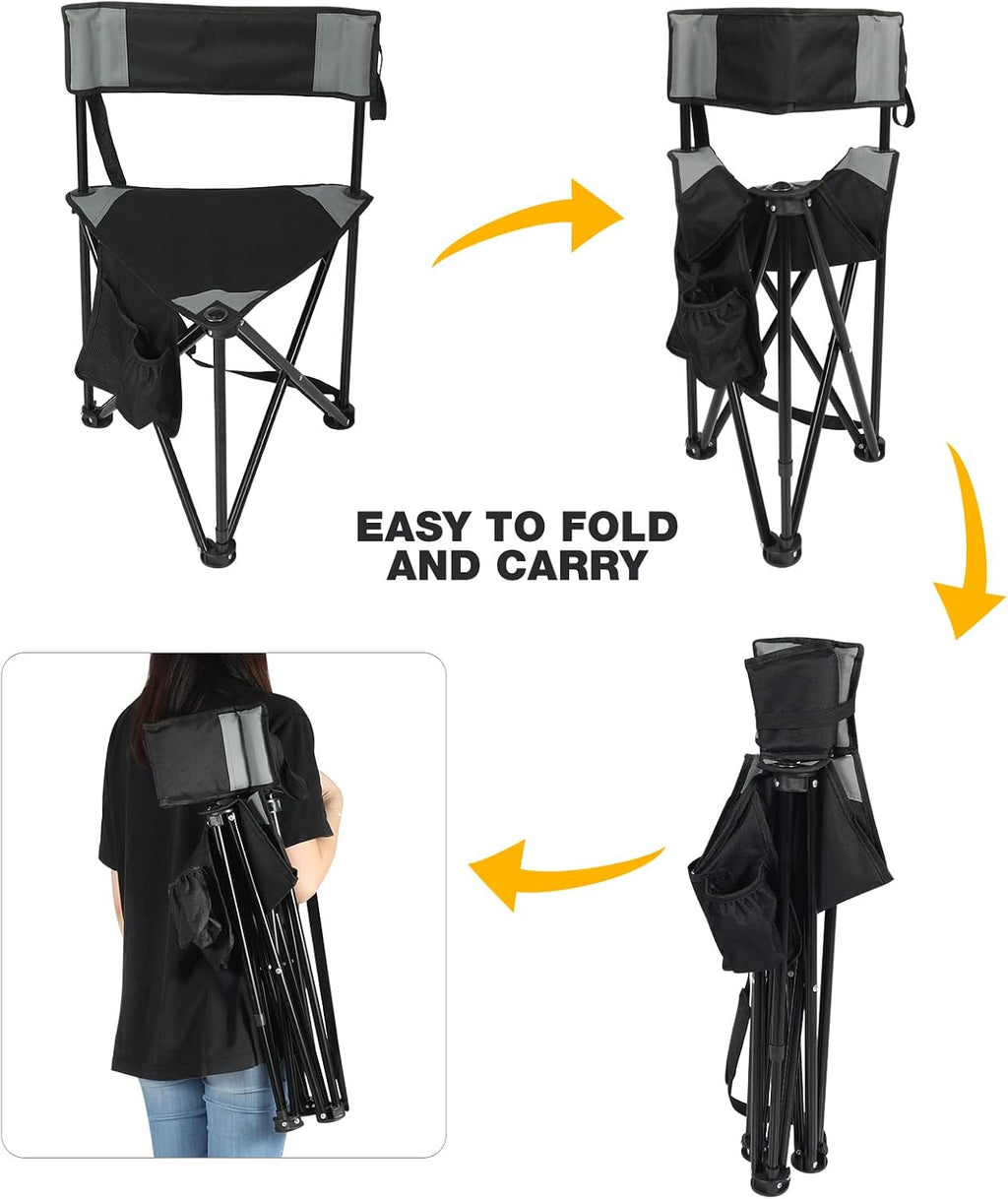 2 Pack Tripod Camping Chairs Folding Lightweight, Portable 3 Legged Tripod Stool Seat with Backrest, Small Golf Chair Compact for Adults Fishing Hunting, Black