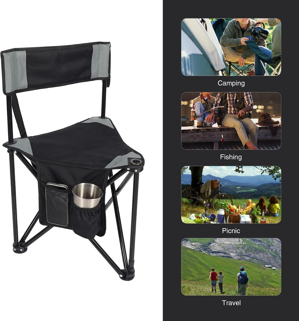 2 Pack Tripod Camping Chairs Folding Lightweight, Portable 3 Legged Tripod Stool Seat with Backrest, Small Golf Chair Compact for Adults Fishing Hunting, Black
