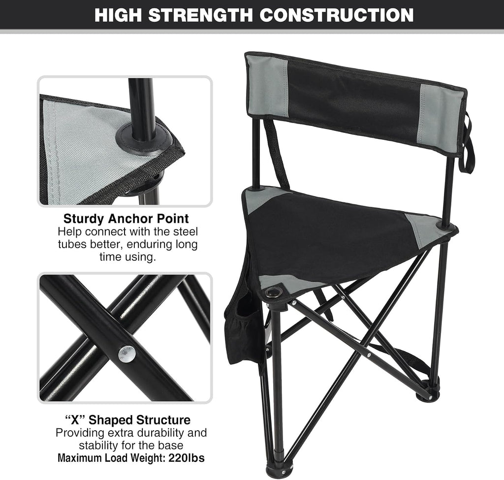 2 Pack Tripod Camping Chairs Folding Lightweight, Portable 3 Legged Tripod Stool Seat with Backrest, Small Golf Chair Compact for Adults Fishing Hunting, Black