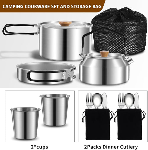 12pcs Outdoor Camping Cookware Kit, Lightweight Stainless Steel Kettle, Non-Stick Pot and pan, with Fork Spoon Kits Suitable for picnics and Backpacking Trips