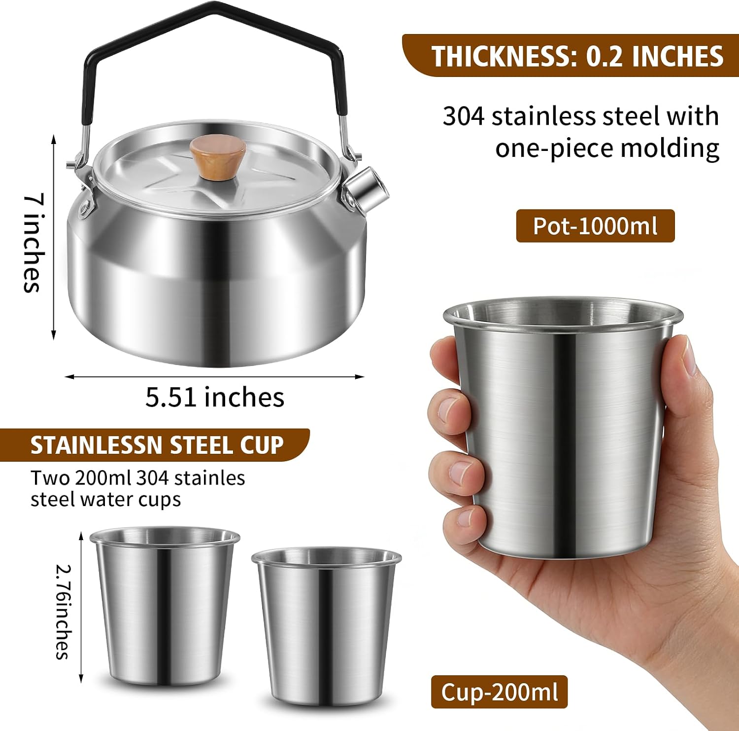12pcs Outdoor Camping Cookware Kit, Lightweight Stainless Steel Kettle, Non-Stick Pot and pan, with Fork Spoon Kits Suitable for picnics and Backpacking Trips