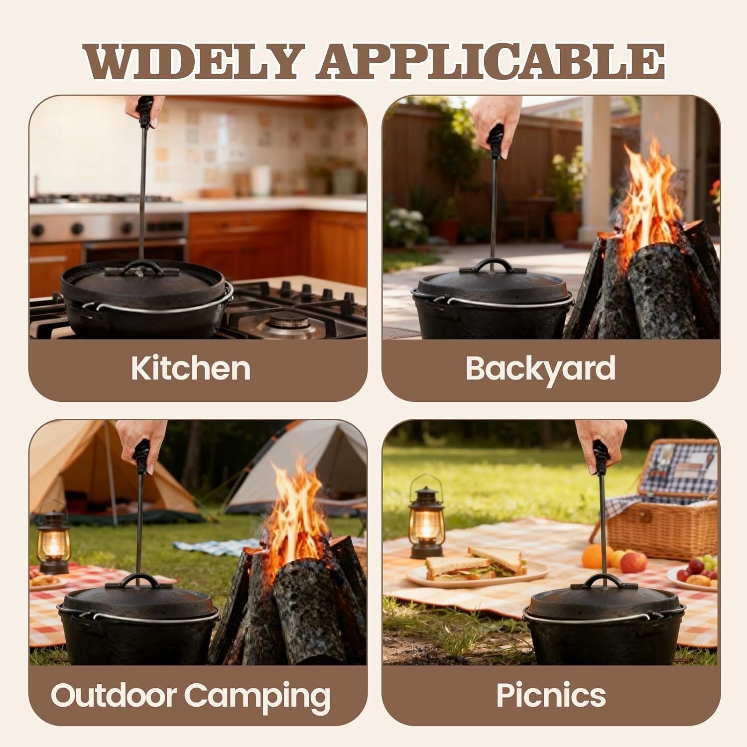 Dutch Oven Lid Lifter with Spiral Handle, 19.5cm/7.7in Cast Iron | Securely Lift Hot Lids for Outdoor Camping, Essential Dutch Oven Accessories