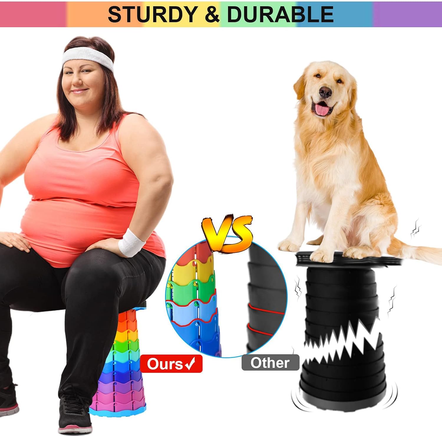 Collapsible Stool, Portable Stool, Collapsible Seat, Rainbow Color | Portable collapsible stool, 2.4 to 17.5 in retractable height. Foldable stool for fishing, hiking, BBQ and outdoor use.