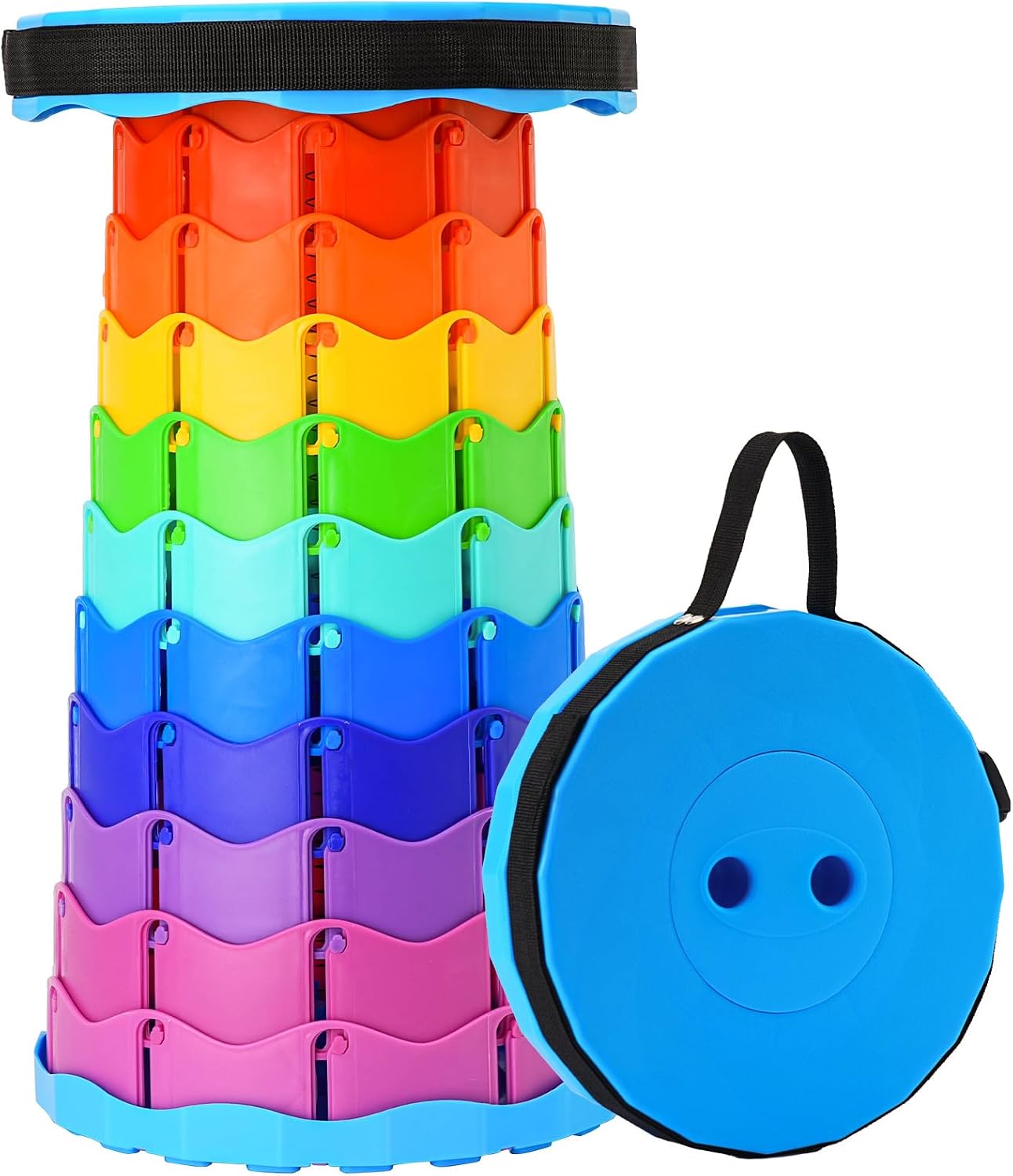 Collapsible Stool, Portable Stool, Collapsible Seat, Rainbow Color | Portable collapsible stool, 2.4 to 17.5 in retractable height. Foldable stool for fishing, hiking, BBQ and outdoor use.
