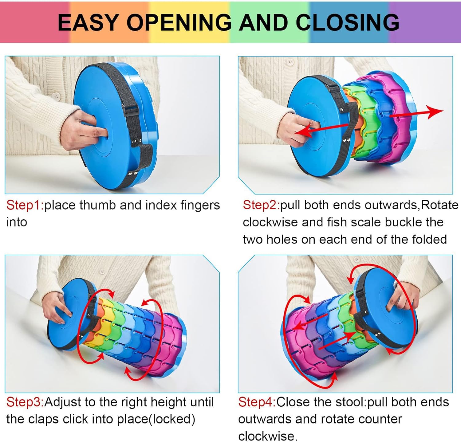 Collapsible Stool, Portable Stool, Collapsible Seat, Rainbow Color | Portable collapsible stool, 2.4 to 17.5 in retractable height. Foldable stool for fishing, hiking, BBQ and outdoor use.