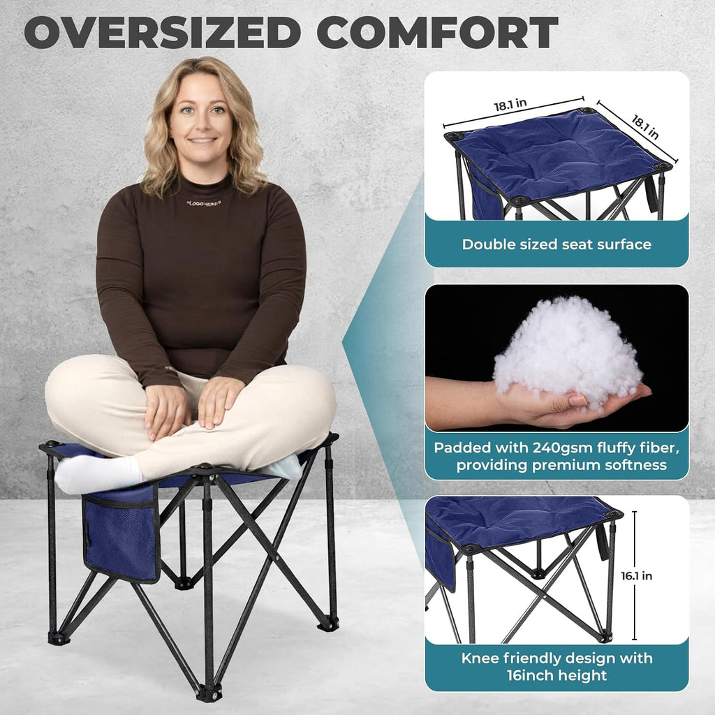 Oversized Camping Stool for Adults, 2 Pack Thick Padded 18.1 Inch Folding Ottoman Foot Rest, 440 Lbs Heavy Duty Outdoor Camp Chairs with Anti-Slip Foots & Carry Bag for Fishing Travel (Blue)