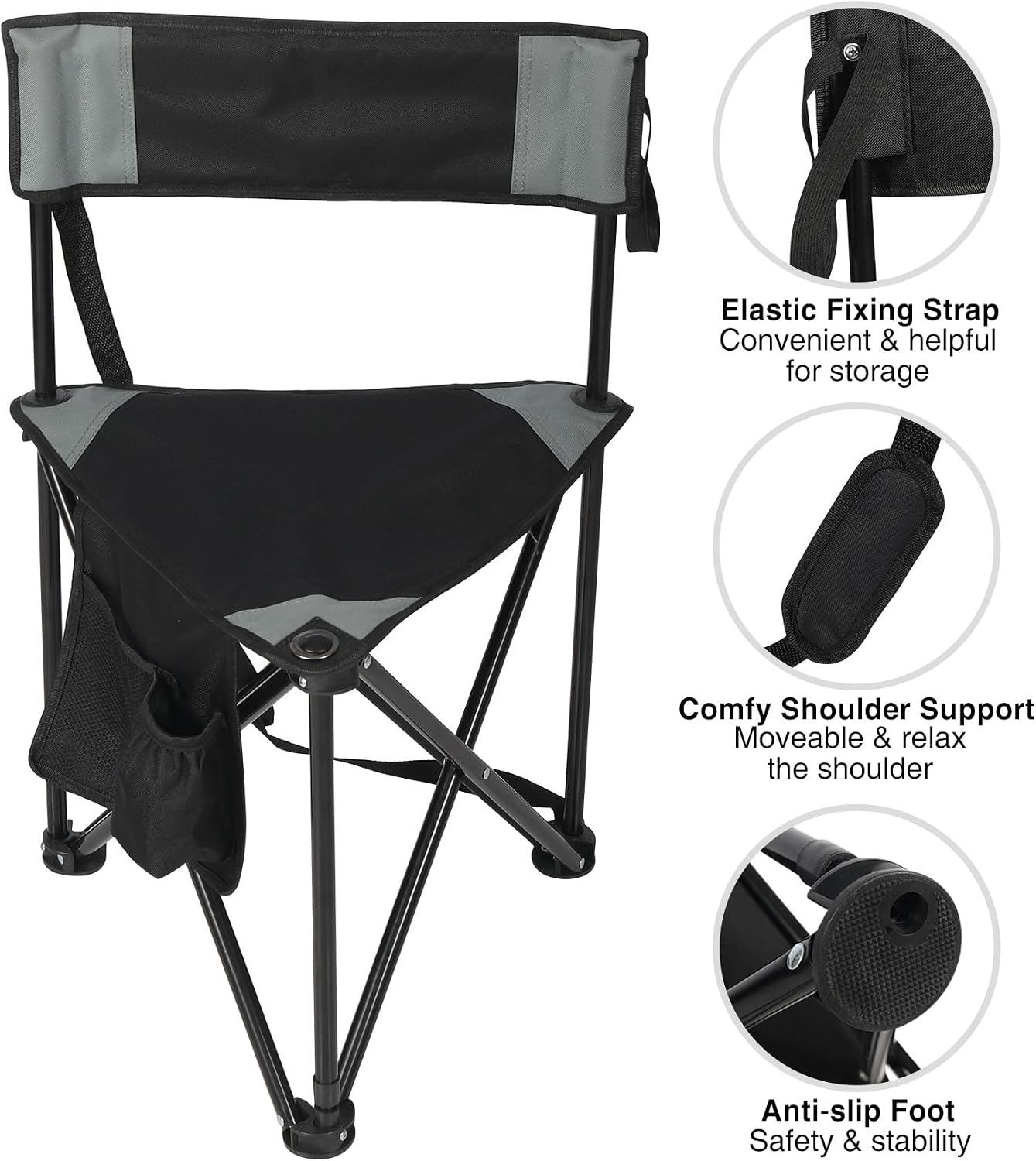 2 Pack Tripod Camping Chairs Folding Lightweight, Portable 3 Legged Tripod Stool Seat with Backrest, Small Golf Chair Compact for Adults Fishing Hunting, Black