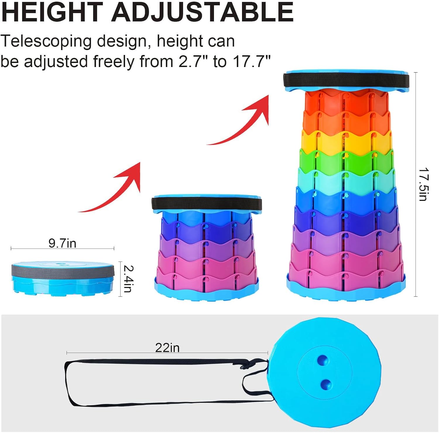 Collapsible Stool, Portable Stool, Collapsible Seat, Rainbow Color | Portable collapsible stool, 2.4 to 17.5 in retractable height. Foldable stool for fishing, hiking, BBQ and outdoor use.