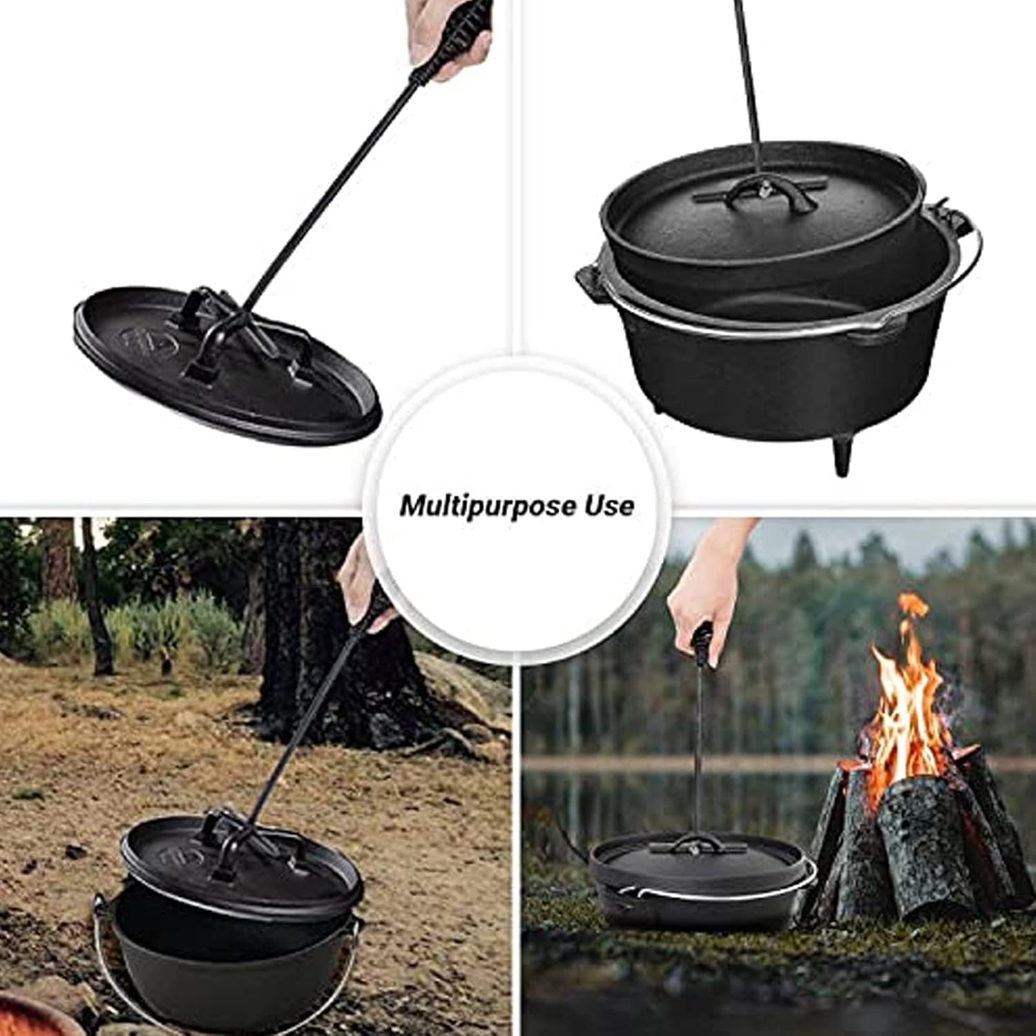 Dutch Oven Lid Lifter with Spiral Handle, 19.5cm/7.7in Cast Iron | Securely Lift Hot Lids for Outdoor Camping, Essential Dutch Oven Accessories