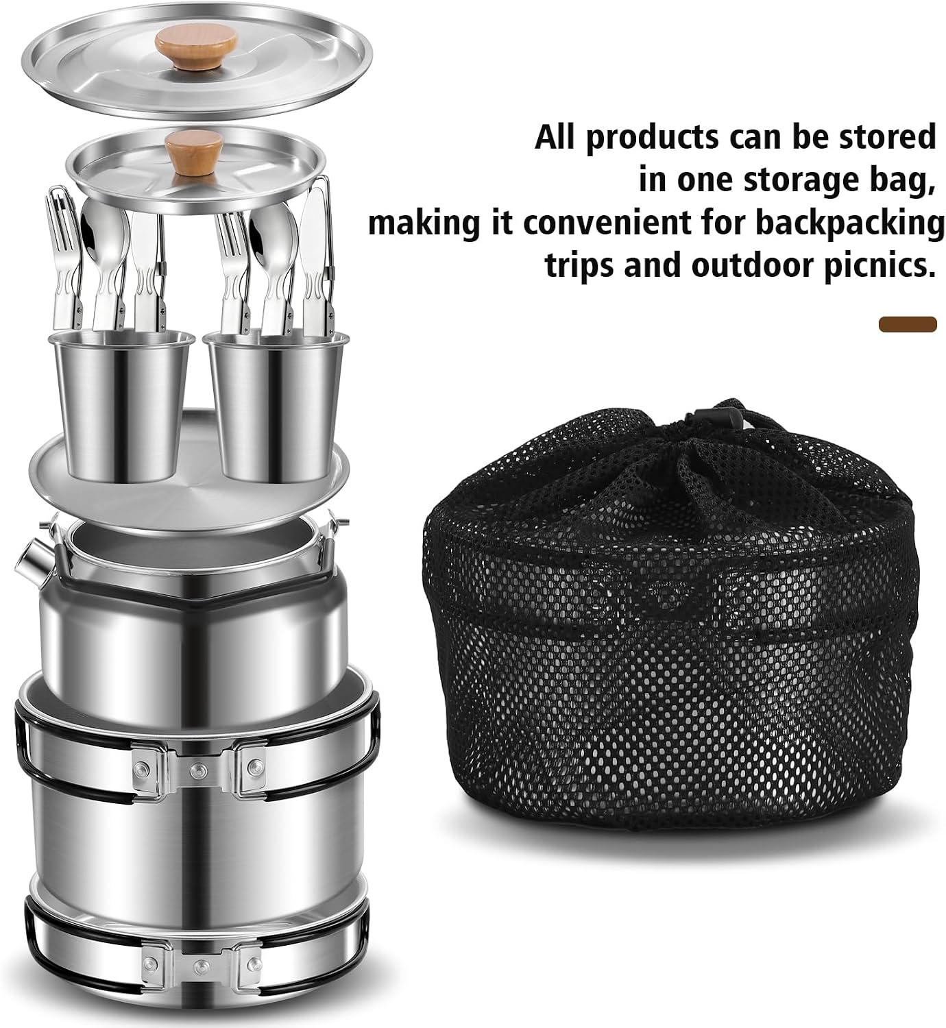 12pcs Outdoor Camping Cookware Kit, Lightweight Stainless Steel Kettle, Non-Stick Pot and pan, with Fork Spoon Kits Suitable for picnics and Backpacking Trips