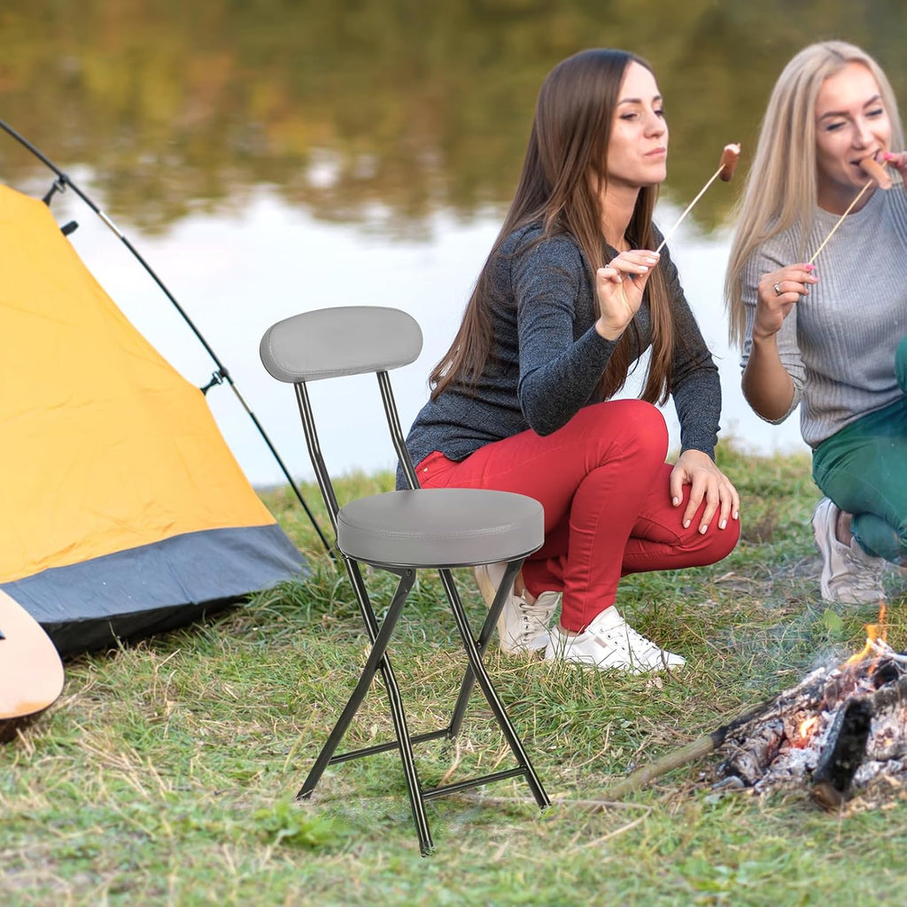 Cushioned Padded Folding Stools, Folding Bar Stool with Backrest, 220lb Capacity, 19 Inch Collapsible Round Portable Foldable Chair for Outdoor Indoor Kitchen Camping Fishing (Grey, 2 Pack)