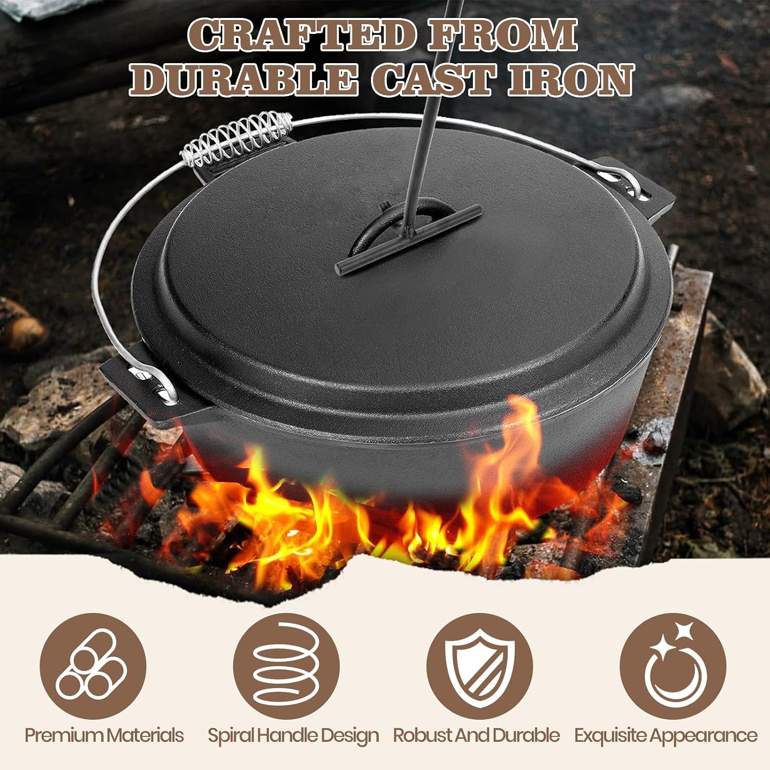 Dutch Oven Lid Lifter with Spiral Handle, 19.5cm/7.7in Cast Iron | Securely Lift Hot Lids for Outdoor Camping, Essential Dutch Oven Accessories