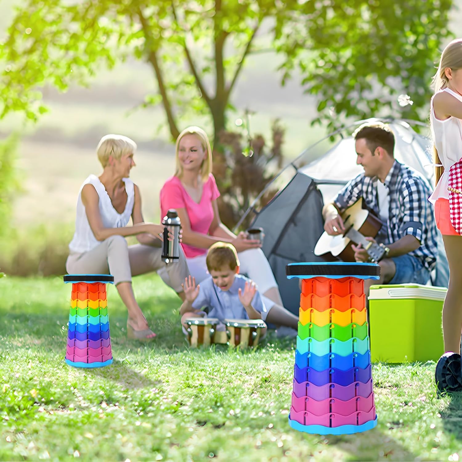 Collapsible Stool, Portable Stool, Collapsible Seat, Rainbow Color | Portable collapsible stool, 2.4 to 17.5 in retractable height. Foldable stool for fishing, hiking, BBQ and outdoor use.