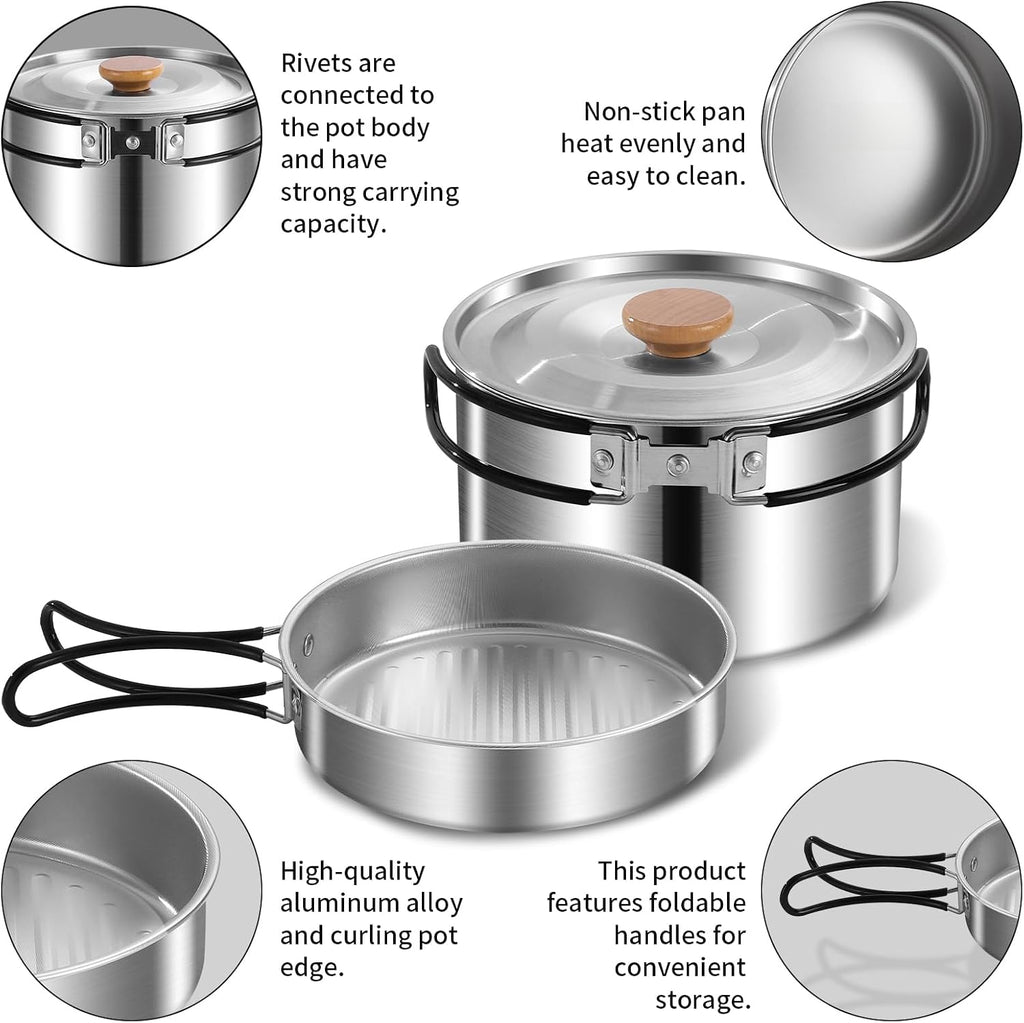 12pcs Outdoor Camping Cookware Kit, Lightweight Stainless Steel Kettle, Non-Stick Pot and pan, with Fork Spoon Kits Suitable for picnics and Backpacking Trips